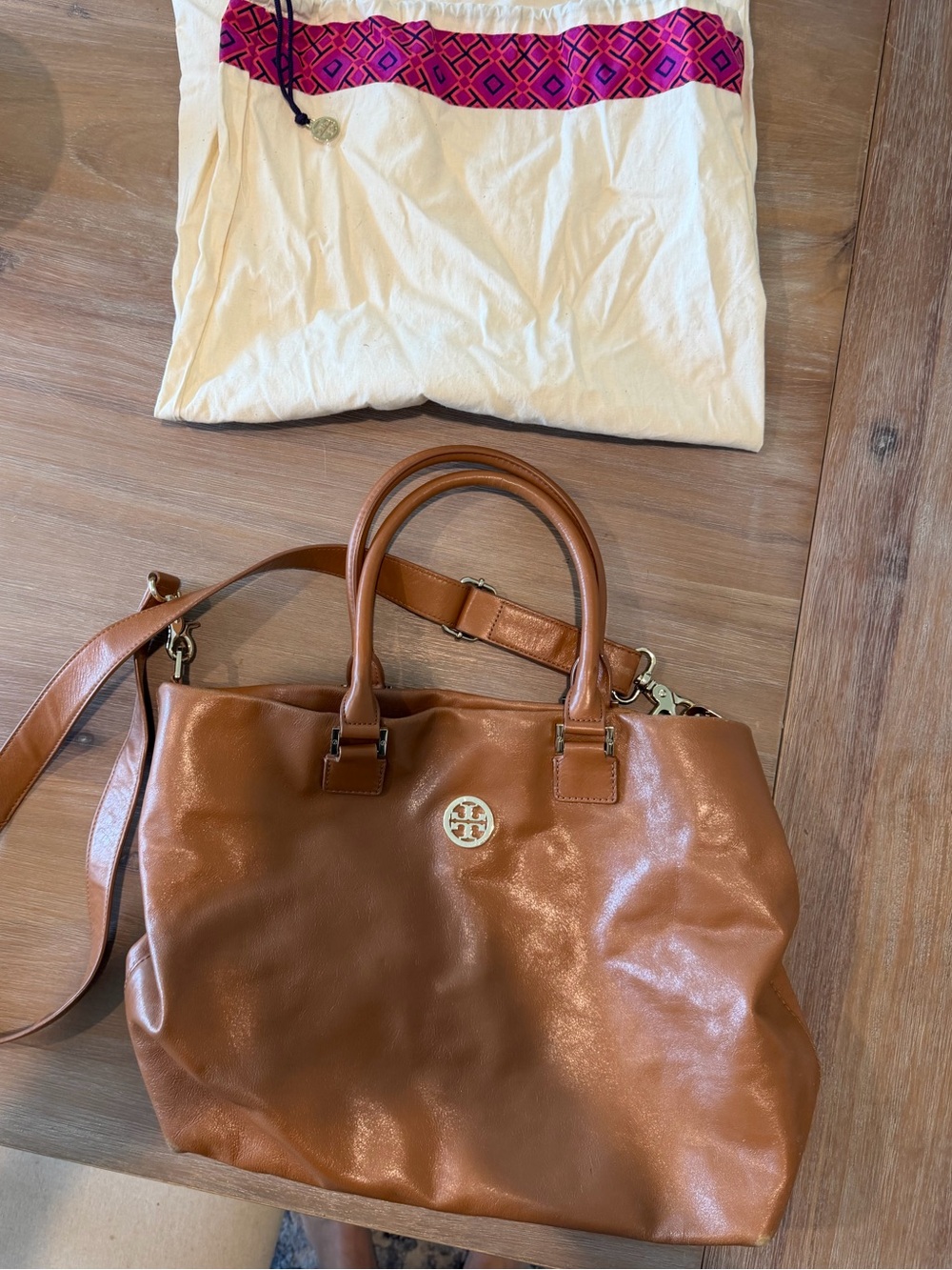 Tory Burch Brown Leather Dena Tote with Gold Logo